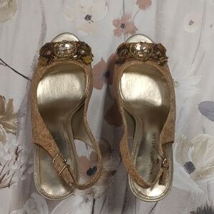 ANTONIO MELANI Cork Slingback Heels with Gold Metallic Insole and Amber Jewels